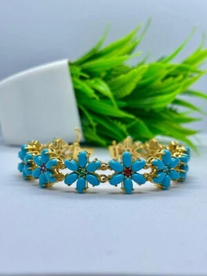 Elegant Sleeping Beauty Turquoise Flower Bracelet, Tennis Adjustable Bracelet - Image 1 of 3
