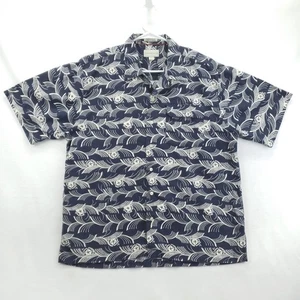 Cutter & Buck Shirt Mens Large Blue White Hawaiian Floral Wave Button Up Camp - Picture 1 of 12