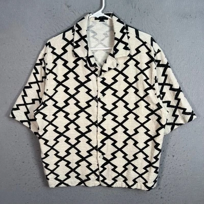 Zara Mens Large Cream & Black Zigzag Short Sleeve Button Shirt Cotton Blend - Image 1 of 4