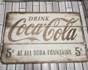 Coca-Cola Rectangle White & Natural Wooden Wall Sign 18 X 12 Man Cave Home Decor - Picture 1 of 5
