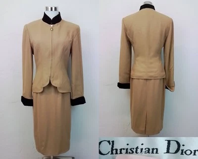 Conjunto de traje falda Christian Dior para mujer 4 chaqueta de terciopelo marrón/negro + falda #J3401 Foto 1 de 4