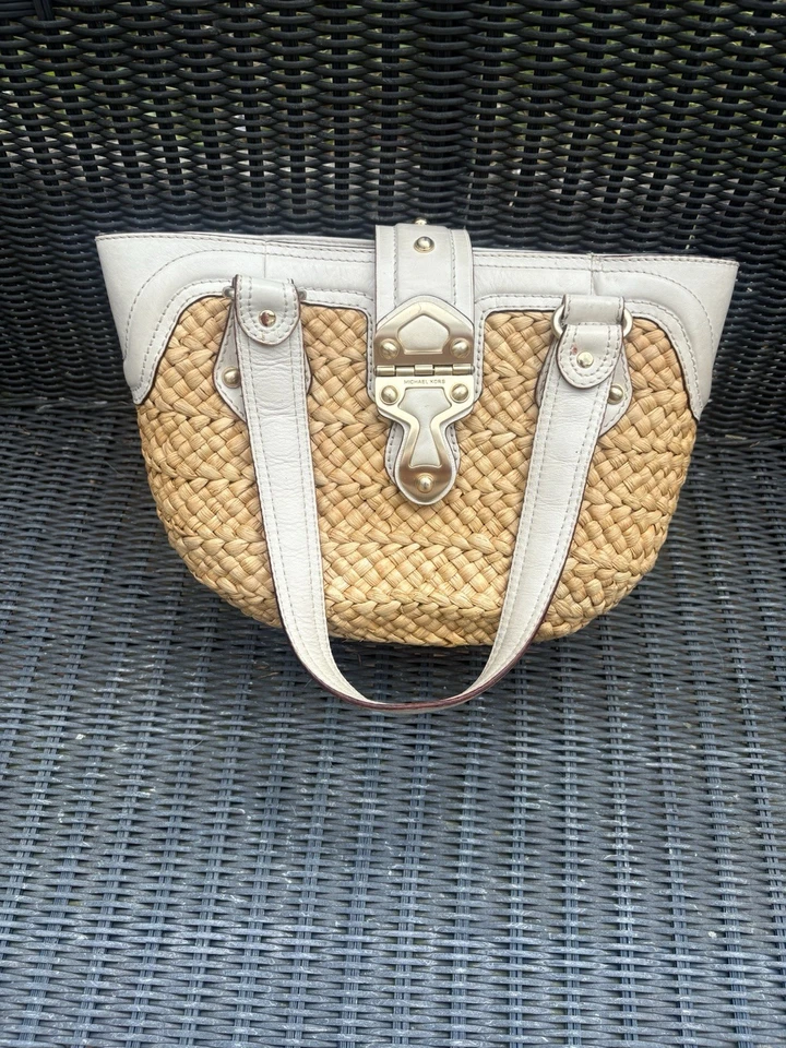 VTG Michael Kors Natural Straw Raffia Woven Gold Tone / Leather  Tote Logo Purse - Image 1 of 4