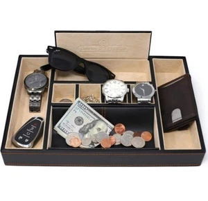 Dapper Effects Black Faux Leather Mens Valet Jewelry Storage Tray Organizer - Picture 1 of 14