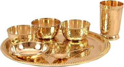 Indian Dinnerware Brass Smooth Plain Traditional Dinner Set of 7 Piece Thali - Image 1 of 4