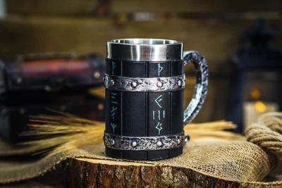 Кружка викингов, дерево жизни, Тор и Один, Tankard Nordic пивная чашка из нержавеющей стали - Изображение 1 из 3