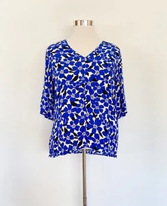 TRENERY crepe viscose floral short fan-sleeve Clipped Hibiscus hi lo top / sz M - Picture 1 of 8