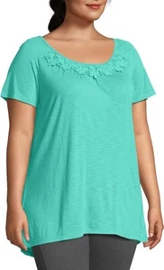 Just My Size Women Tunic 3X Short Sleeve Slub Jersey Crochet Trim Top Turquoise - Picture 1 of 5