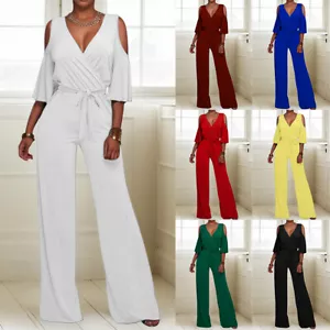 Damen Schulterfreie V-Neck Overalls Party Jumpsuit Elegant Hosenanzug Einteiler - Bild 1 von 24