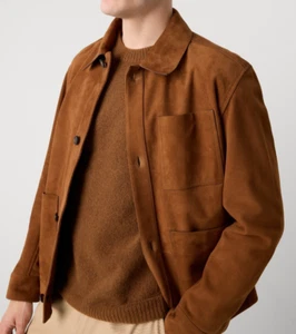 Men’s Tan Suede Leather Jacket Casual Shirt Style with Front Pocket Fall Coat - Picture 1 of 8