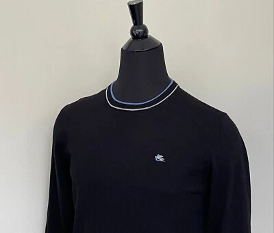 New ETRO Sweater Crew Neck Logo Wool Black Pullover Blue White Trim Jumper XL sz - Image 1 of 4
