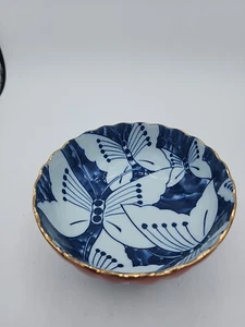 Vintage Takahashi Schüssel Schmetterlingsdruck blau weiß verbrannt orange gold Felge signiert - Bild 1 von 9