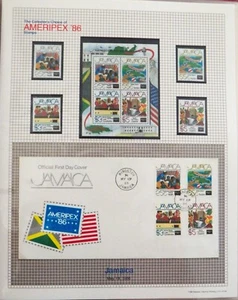 AMERIPEX '86 Jamaica - Mint Stamps & FDC in Mounts to Page with Outer Sleeve - Picture 1 of 1