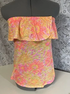Top tubo con volantes florales Lilly Pulitzer Wakely pequeño rosa/amarillo - Imagen 1 de 8