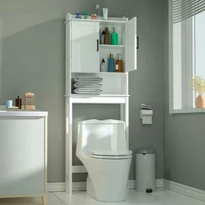 Over the Toilet Bathroom Storage Cabinet Shelving Unit in White Wood Finish - Picture 1 of 3