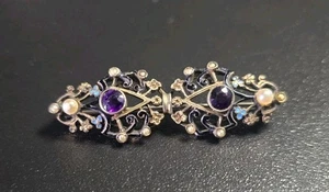 Broche antiguo Art Deco plata checo vidrio y semilla esmalte perla - Imagen 1 de 8