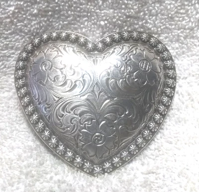 Large Silver Engraved Heart Belt Buckle Center Flowers Bullet Edge Great Vintage - Image 1 of 4