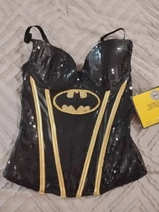 NEW DC COMICS BATMAN BATGIRL SEQUINED CORSET BLACK SIZE S LINGERIE - Picture 1 of 6