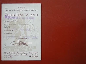 ORIGINAL FASCIST CARD TESSERA OPERA NAZIONALE DOPOLAVORO BORSALINO 1939 AL - Picture 1 of 2