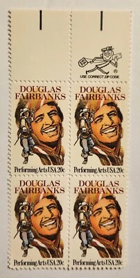 USA 1984 Douglas Fairbanks "ZIP" Block of 4 MINT, 20-Cent Stamps, Scott #2088 - Image 1 of 3