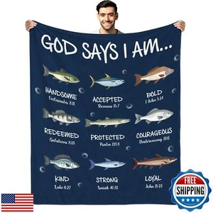 CIUGOIG Christian Fishing Gifts for Men, God Says i Am Fish Blanket 50"x60", - Picture 1 of 5