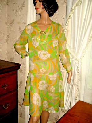 VESTIDO VINTAGE AÑOS 60-70 AMARILLO VERDE FLORAL CINTURA CAÍDA - CREMALLERA METÁLICA Foto 1 de 4