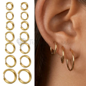 18K Gold Plated Surgical Steel Hinged Huggie Hoop Sleeper Stud Earrings 8-20MM - Picture 1 of 63