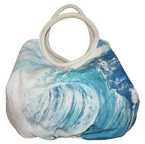 POTTERY BARN TEENS Large Ivory & Aqua Blue Canvas WAVES Tote Bag - Picture 1 of 12