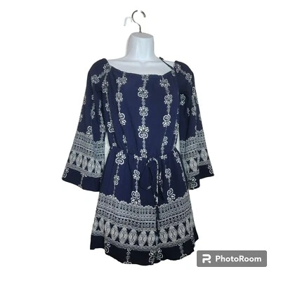 Papaya Romper, Women S, Blue and White Lace Print, Bell Sleeve, 3" Inseam, EUC - Image 1 of 4