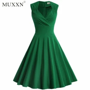 MUXXN Damen 50er 60er Vintage Sexy V-Ausschnitt Swing Kleid Grün M - Bild 1 von 4