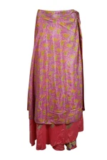 Boho Gypsy Pink Recycled Sari Wrap Around Skirt Printed 2 Layer Sarong Dress