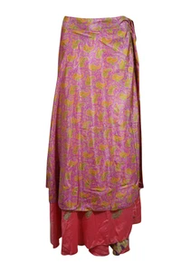 Boho Gypsy Pink Recycled Sari Wrap Around Skirt Printed 2 Layer Sarong Dress