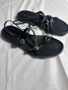 PRADA Vintage Sandals Black Women’s EU38 1/2 Calzature Donna Leather Strap Up - Picture 1 of 10