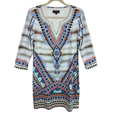 Hale Bob Colorful Aztec Beaded 3/4 Sleeve Stretchy Pullover Knee Length Dress L - Image 1 of 4