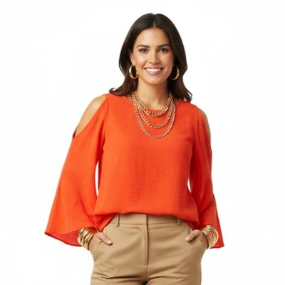 Dolce Vita 100% Silk Orange Long Sleeve Cold Shoulder Tunic Top M - Image 1 of 4