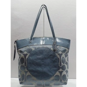 Borsa Coach M1282 F18335 Laura blu chiaro e argento bordo brevettato grande firma C  - Foto 1 di 21