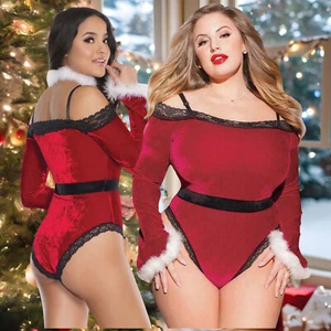 Christmas Teddy Womens Plus Size OSXL Red Velvet and Lace Holiday Bodysuit - Picture 1 of 7