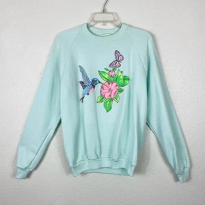 Vintage 80’s Mint Turquoise Hummingbird Sweatshirt Size L - Picture 1 of 3