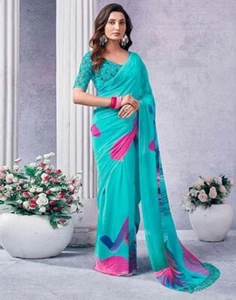 Sari donna trendy matrimonio indiano sari donna stampa digitale georgette sari - Foto 1 di 4
