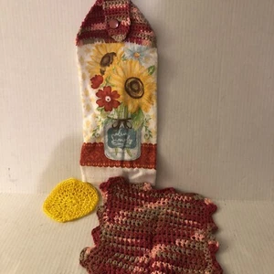 1 Crocheted Hanging Kitchen Towel Plus Pot Holder / Dish Scrubby Flowers Spring - Picture 1 of 5