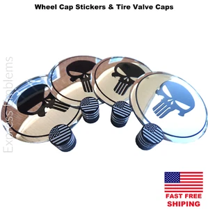 4x Tire Valve Caps AND 4x Silver Punisher Wheel Center Hub Cap Stickers 2.20"  - Picture 1 of 6