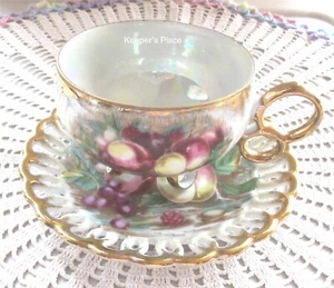 Royal Sealy 3 Footed Double Wedding Ring Handle Cup Pierced Edge Saucer Fruit - Picture 1 of 8