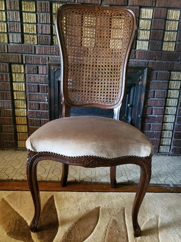 Antique Cane Back Dining Chair With Velvet Brown Cushion With Floweral Accent Cover