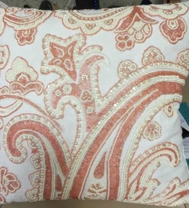 SFERRA 10558 "COLETTI PAISLEY BEADED" DECO PILLOW IVORY/COPPER 20" SQ BNWT LAST  - Picture 1 of 5