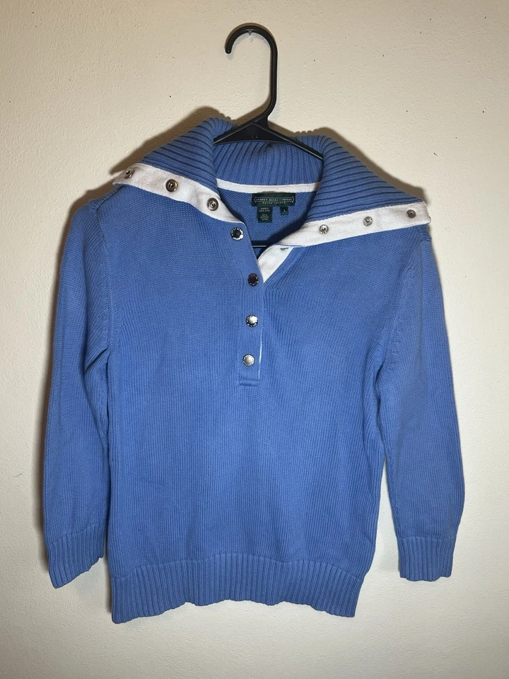 Ralph Lauren 蓝色白色条纹女式小号蓝色 1/4 Snap Up 毛衣 — 第 1/3 张图片