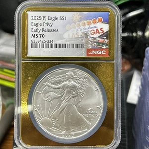 2025 (P) American Silver Eagle 🦅  Eagle Privy 🦅 NGC MS70 Gold Label Las Vegas - Picture 1 of 5