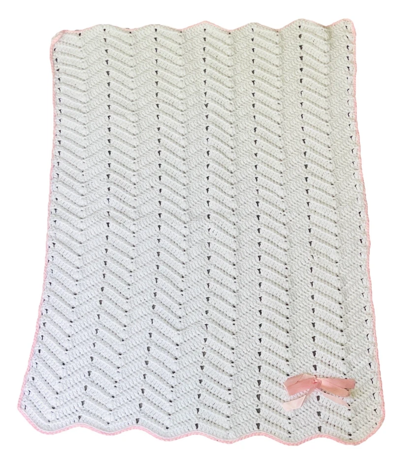 Vintage Crotchet Baby Crib Blanket Handmade White & Pastel Pink Satin Ribbon Bow - Image 1 of 4