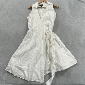 Lauren Ralph Lauren 100% Linen Wrap Midi Dress Women's 4 White Vintage Old Money - Picture 1 of 8