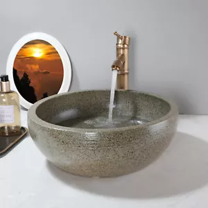Grifo mezclador de latón antiguo lavabo lavabo de cerámica redondo gris de 16" + grifo de drenaje - Imagen 1 de 14