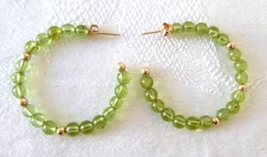 14k Yellow Gold Genuine Peridot Beaded Circle 1.25" Hoop Earrings Pierced - Picture 1 of 4