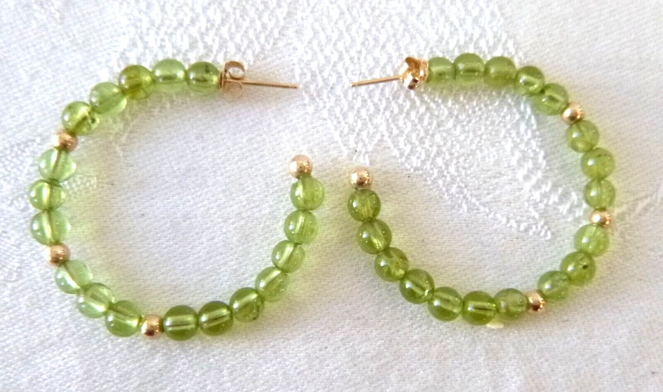 14k Yellow Gold Genuine Peridot Beaded Circle 1.25" Hoop Earrings Pierced - Image 1 of 4